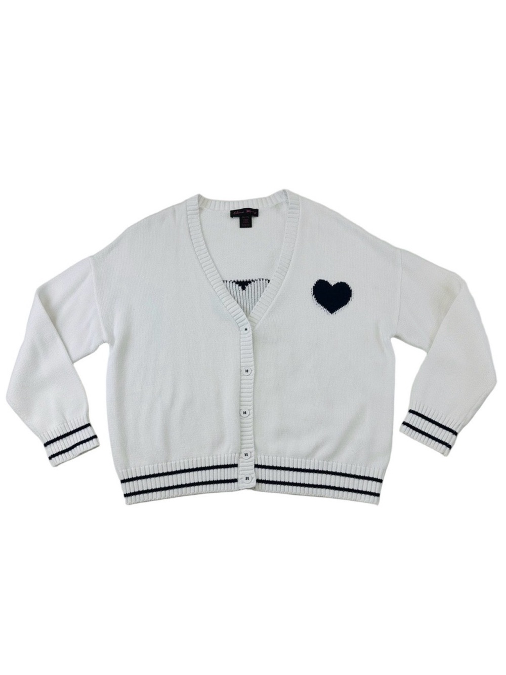 Elena Wang cotton heart cardigan XXL NWOT Vneck nautical sporty stripe sweater
